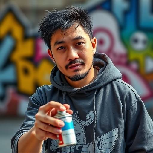 Portrait of David Chen, co-founder and street artist, posing with spray paint.