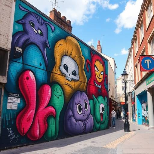 Street art in Carbot, Bristol, featuring a dynamic mix of styles and techniques, representative of the city's diverse artistic community.
