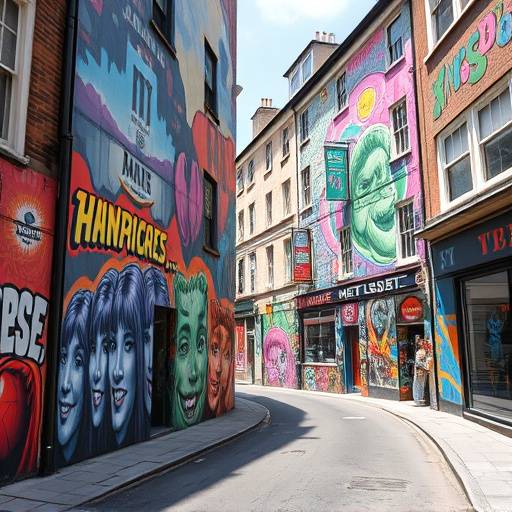 Vibrant and diverse murals lining North Street in Bristol, showcasing various artistic styles and themes.
